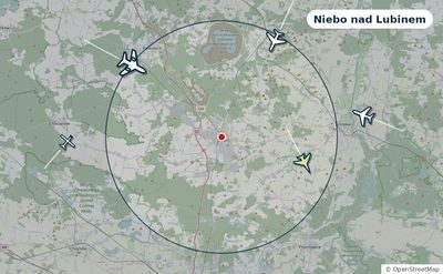 Mapa okolic miasta z sylwetkami samolotów — Niebo nad Lubinem na żywo