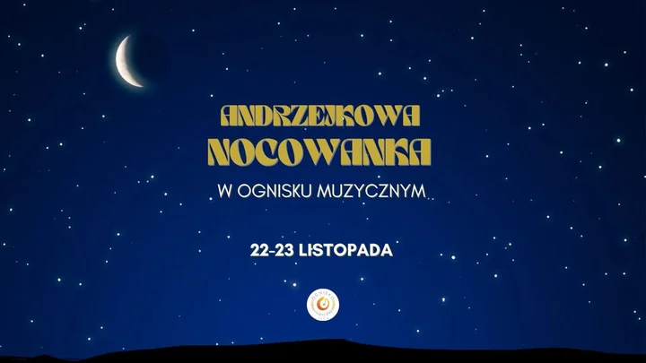 Grafika promocyjna wydarzenia Andrzejkowa Nocowanka — noc zabawy i kreatywności dla dzieci