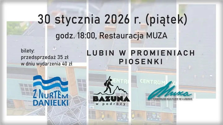 Grafika promocyjna wydarzenia Bazuna w podróży — Lubin: koncert piosenki autorskiej w Restauracji MUZA