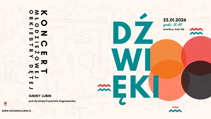 Grafika promocyjna wydarzenia Dźwięki — Koncert Młodzieżowej Orkiestry Dętej Gminy Lubin