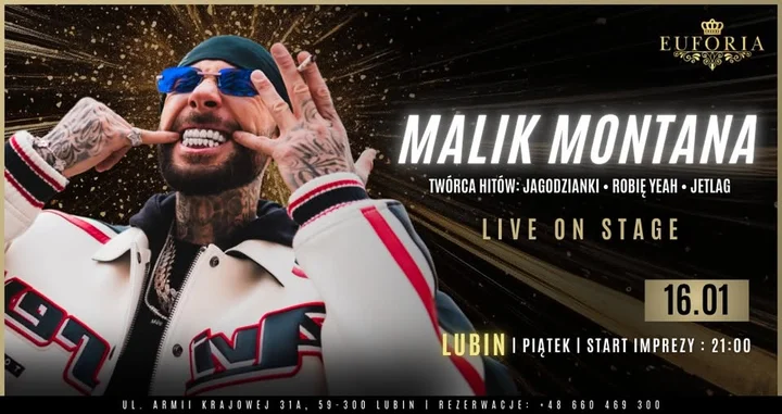 Grafika promocyjna wydarzenia MALIK MONTANA w Euforia Club w Lubinie — 16 stycznia 2026