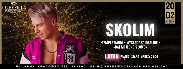 Grafika promocyjna wydarzenia SKOLIM w Euforia Club w Lubinie — koncert 20 lutego 2026