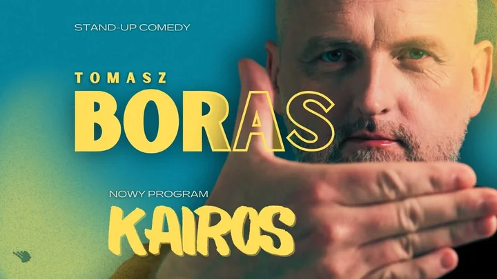 Obrazek przedstawia grafikę promocyjną wydarzenia Stand-up Tomasza Borasa z programem Kairos w Lubinie