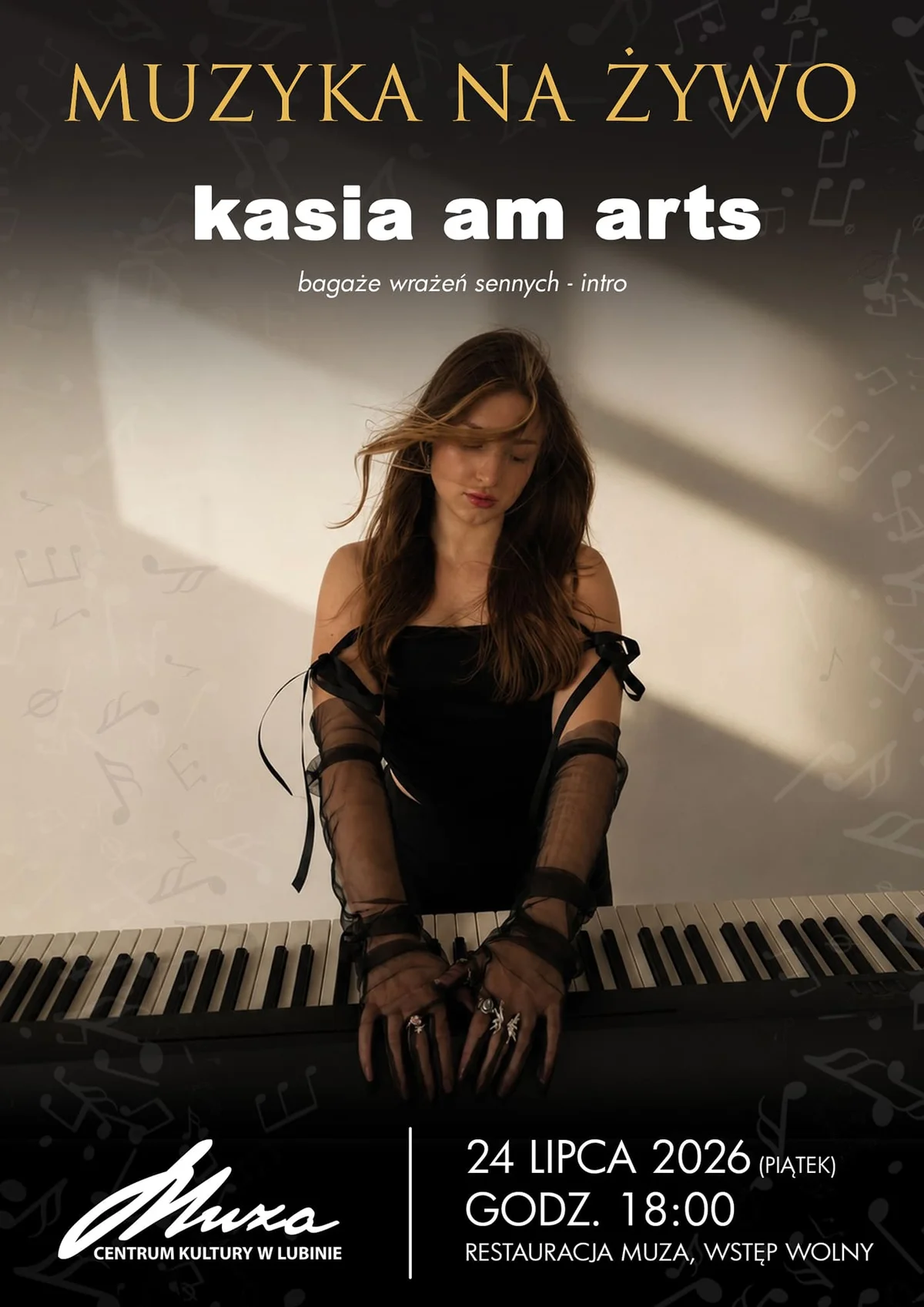 Grafika promocyjna wydarzenia Młody głos na małej scenie Muzy. Wieczór autorskiej muzyki Kasi am arts