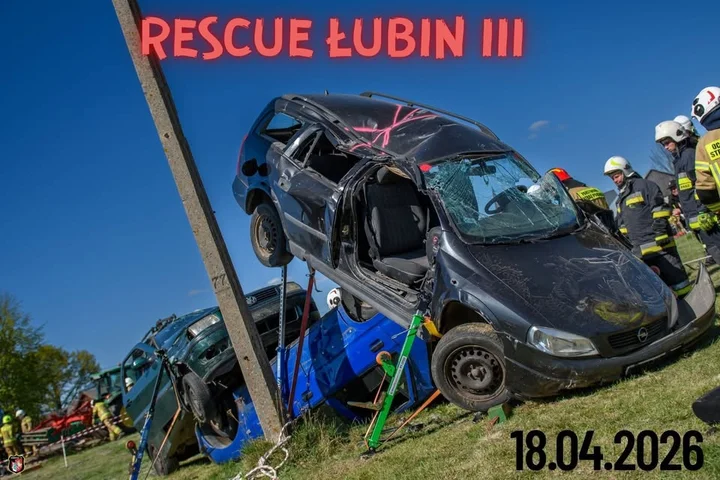 Grafika promocyjna wydarzenia Rescue Łubin III — III edycja warsztatów ratowniczych w Łubin Kościelny