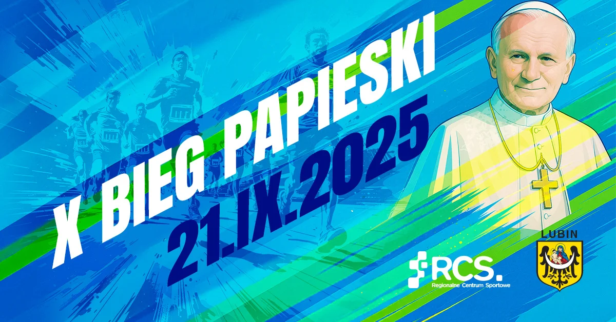 Grafika promocyjna wydarzenia Sportowa impreza biegowa na stadionie w Lubinie