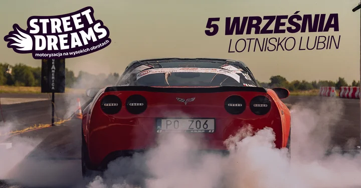 Grafika promocyjna wydarzenia Street Dreams 2026 – motoryzacyjne show na lotnisku w Lubinie