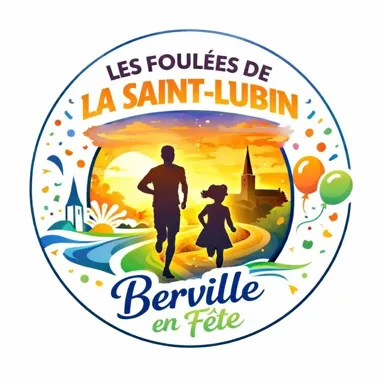 Grafika promocyjna wydarzenia Foulées de la Saint-Lubin w Berville-sur-Seine: darmowe biegi, animacje i rodzinny sportowy dzień