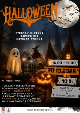 Grafika promocyjna wydarzenia Halloween dla dzieci w Miłoradzicach
