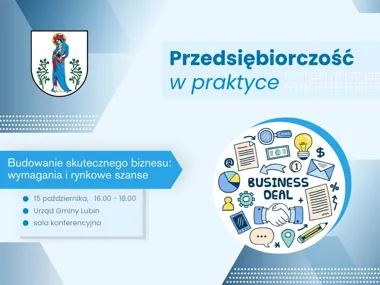 Grafika promocyjna wydarzenia Przedsiębiorczość w praktyce – zapraszamy na spotkanie