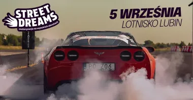 Grafika promocyjna wydarzenia Street Dreams 2026 – motoryzacyjne show na lotnisku w Lubinie