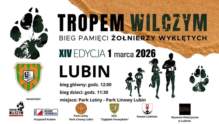 Grafika promocyjna wydarzenia Tropem Wilczym – Bieg Pamięci Żołnierzy Wyklętych Lubin 2026