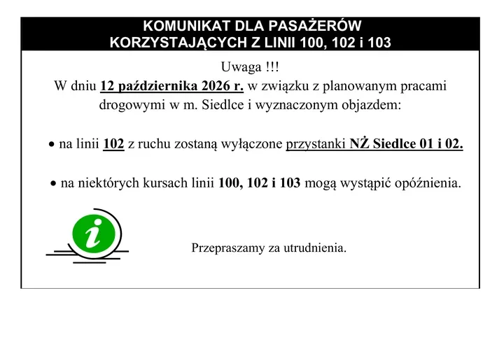 Dwa przystanki w Siedlcach wyłączone z obsługi. Możliwe opóźnienia